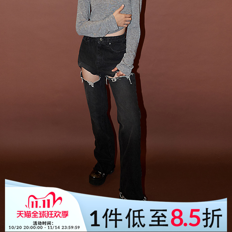 Mathieu韩国黑色破洞牛仔裤女秋季新款显瘦设计感休闲微喇裤子