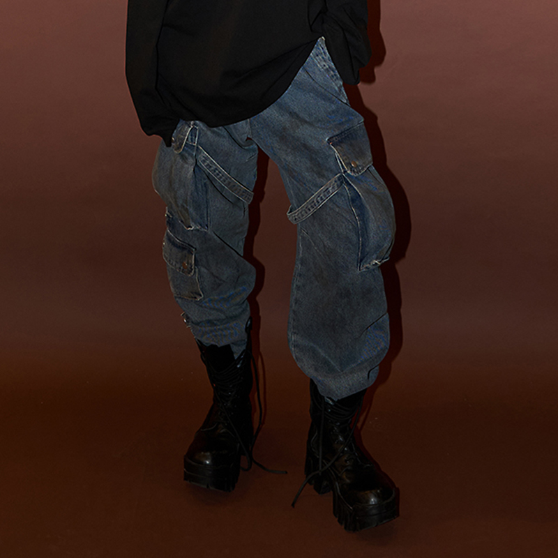 Mathieu韩国美式高街牛仔裤女秋季新款设计感做旧工装阔腿裤子