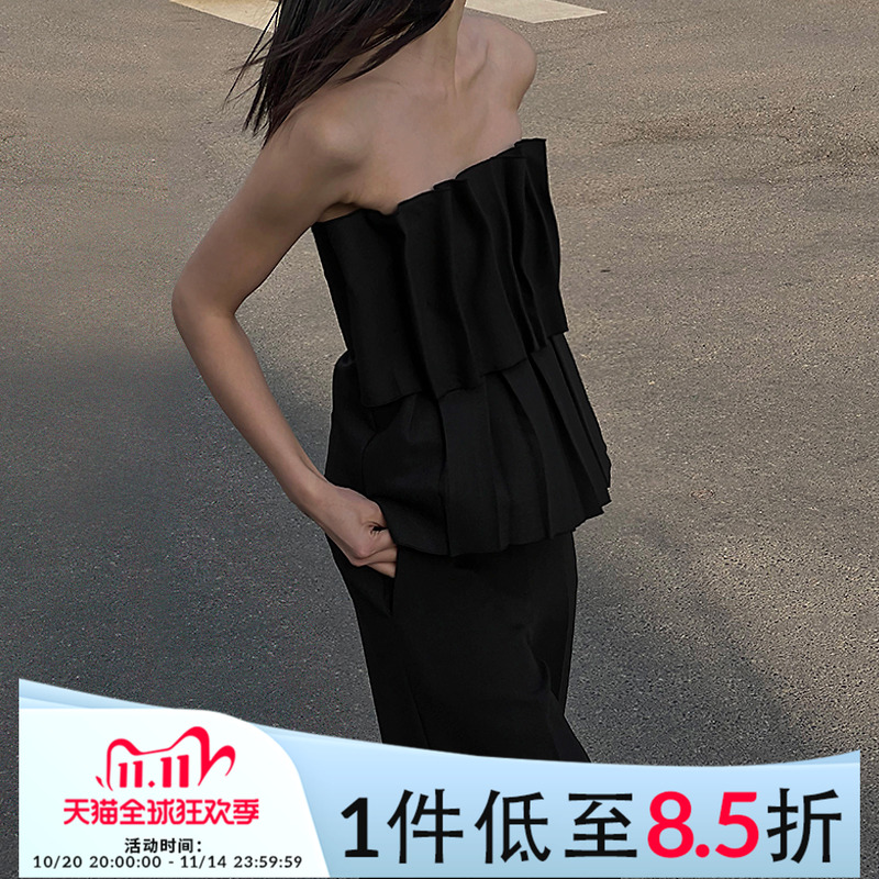 Mathieu韩国时尚气质百褶抹胸背心女夏季高级感独特别致纯色上衣