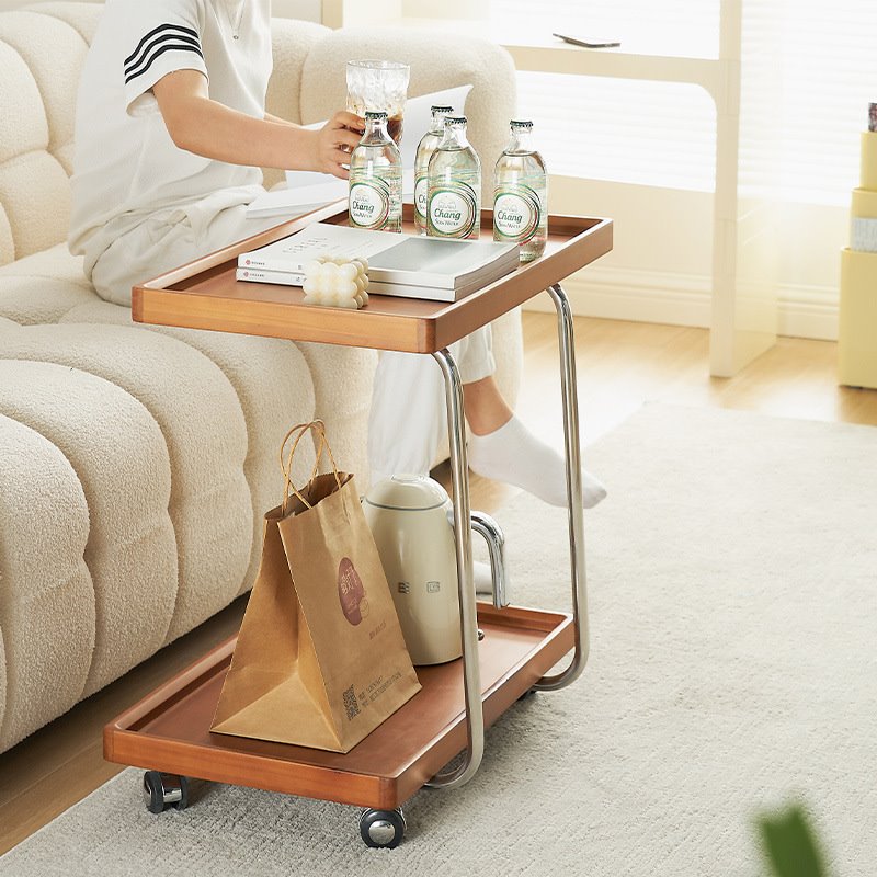 可移动复古边几小户型客厅轻奢实木茶几中古双层收纳餐车家用角几