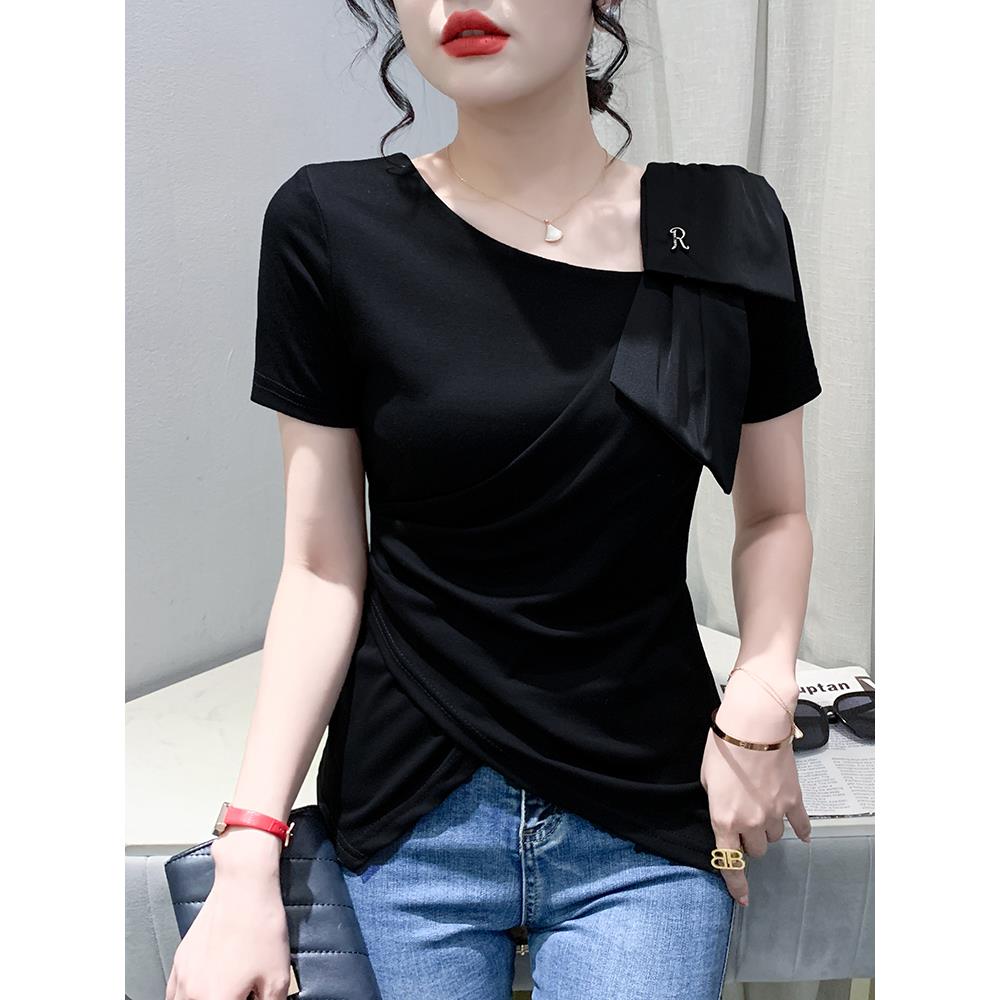 香港TIMO女短袖夏装欧货设计感洋气气质上衣修身显瘦半袖小衫潮