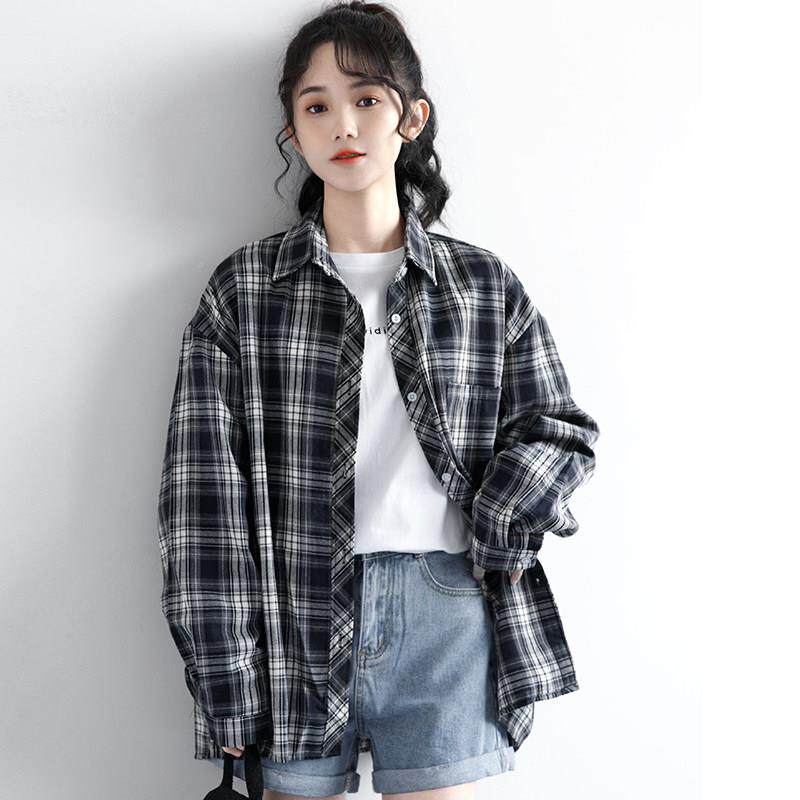 韩国韩225新款黑白格子长袖VNS衬女春0版宽松慵懒风衬衫衫中长版