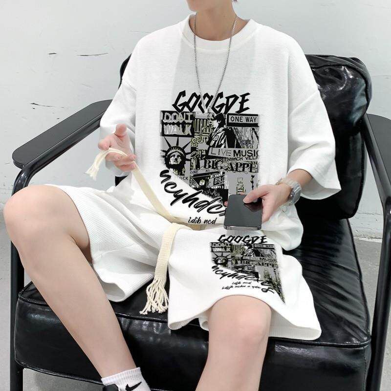 Trend Mr潮牌夏季运动套装男帅气重磅华夫格一套搭配潮短袖+短裤