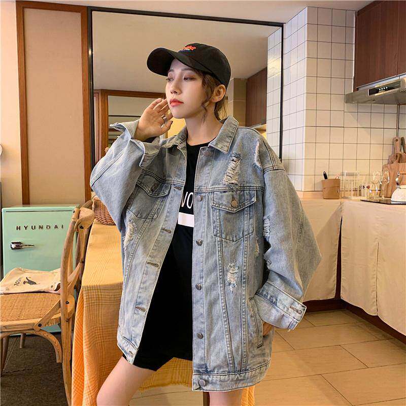 香潮牌洞牛牛仔外套女宽松春秋新款韩破版bLUOf嘻哈百搭港仔衣学