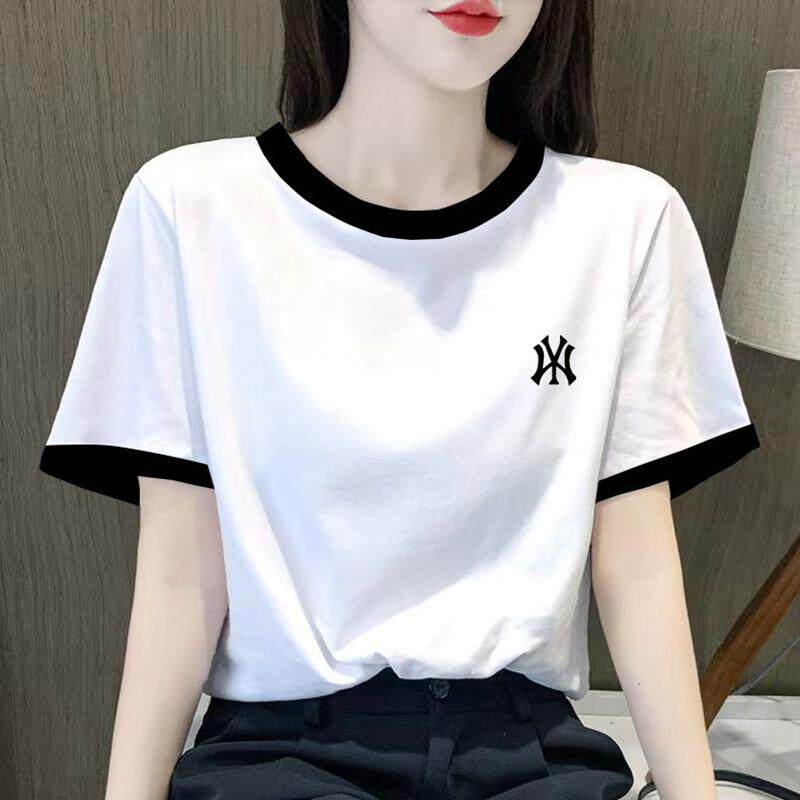 韩系纯棉短袖t恤女2025春夏季新款白色百搭体恤拼色减龄女士上衣