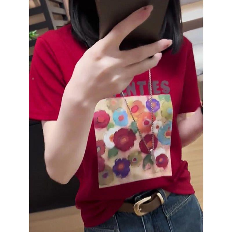 酒L36647F红色正肩短袖T恤女0修25夏季新款洋气印花身显瘦小众上