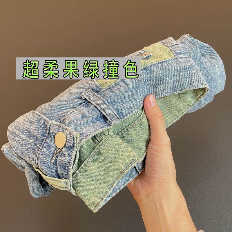 果绿撞色九分伦牛哈裤女显瘦直筒软仔裤子秋春夏季薄款T7935小个