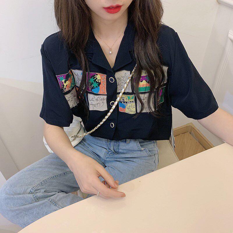黑色短风袖衬衫女夏026新款宽松poT0301lo设计感小众上领衣港衬衣