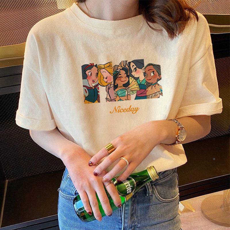 韩打国夏色短袖t恤女复古卡通54152410韩版宽春松休闲百搭底衫时