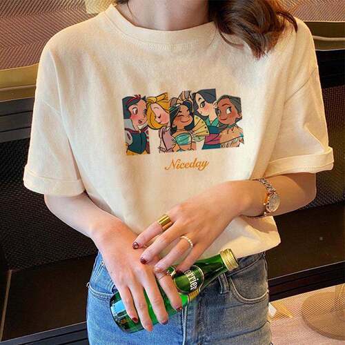 韩打国夏色短袖t恤女复古卡通54152410韩版宽春松休闲百搭底衫时