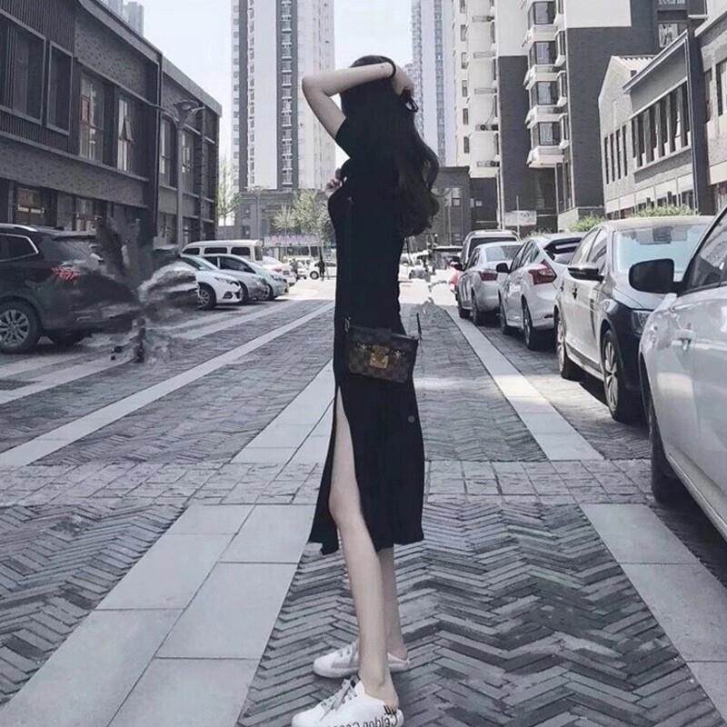欧洲站202瘦6夏季新女黑款法式修身赫本小裙231显性感开叉鱼尾洋