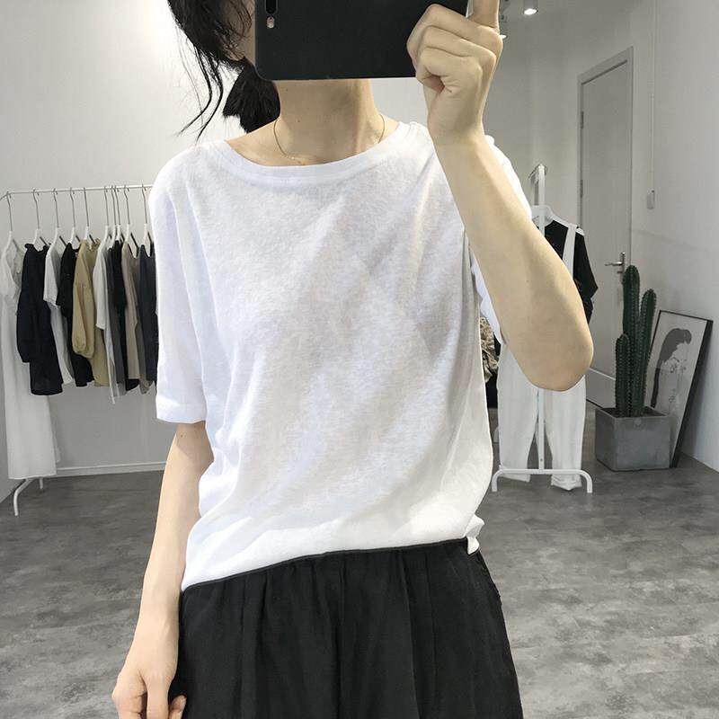 QQU麻短袖白T恤女薄款上古衣夏版圆领宽松透气打底韩衫复棉麻亚体