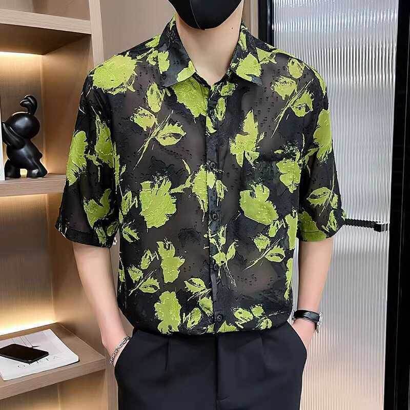 冰丝短袖衬衫男夏季薄款新款时尚五分袖衬衫男士T恤宽松潮流上衣