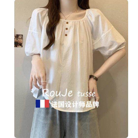 法国Ruj tussee大o码遮肚子小香风泡泡袖衬79292070女衫夏季显瘦