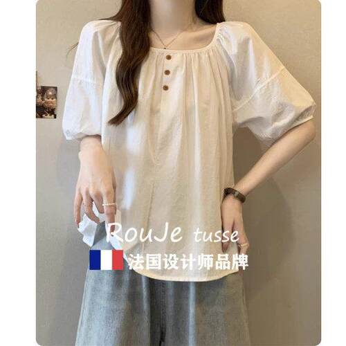 法国Ruj tussee大o码遮肚子小香风泡泡袖衬79292070女衫夏季显瘦