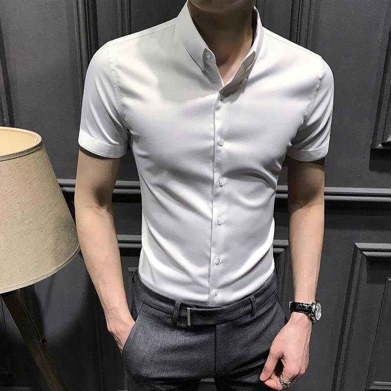 衬衫男短袖夏季薄款韩版潮流帅气纯色高级感休闲衬衣修身夏装上衣