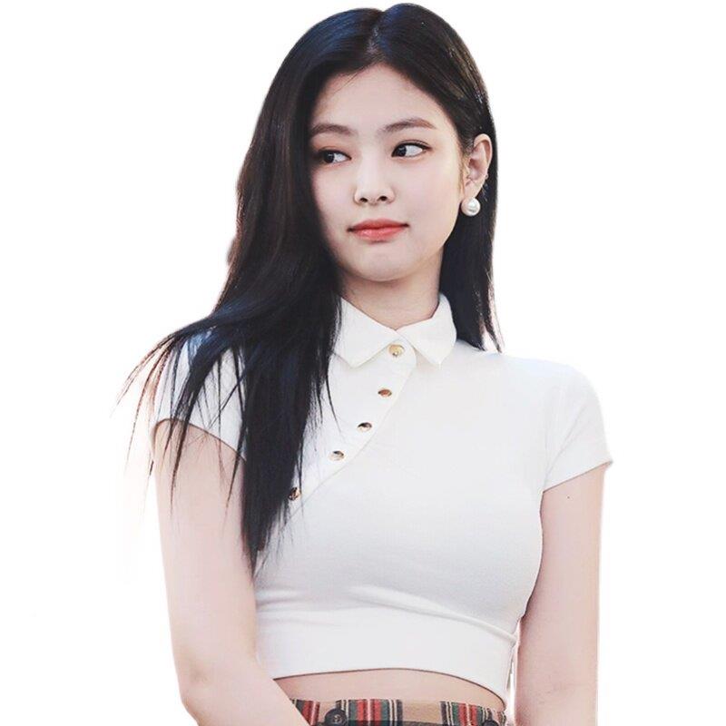 智妮Jennie同款韩白色斜AXW扣短袖短款露脐T恤女感设国计chic上金
