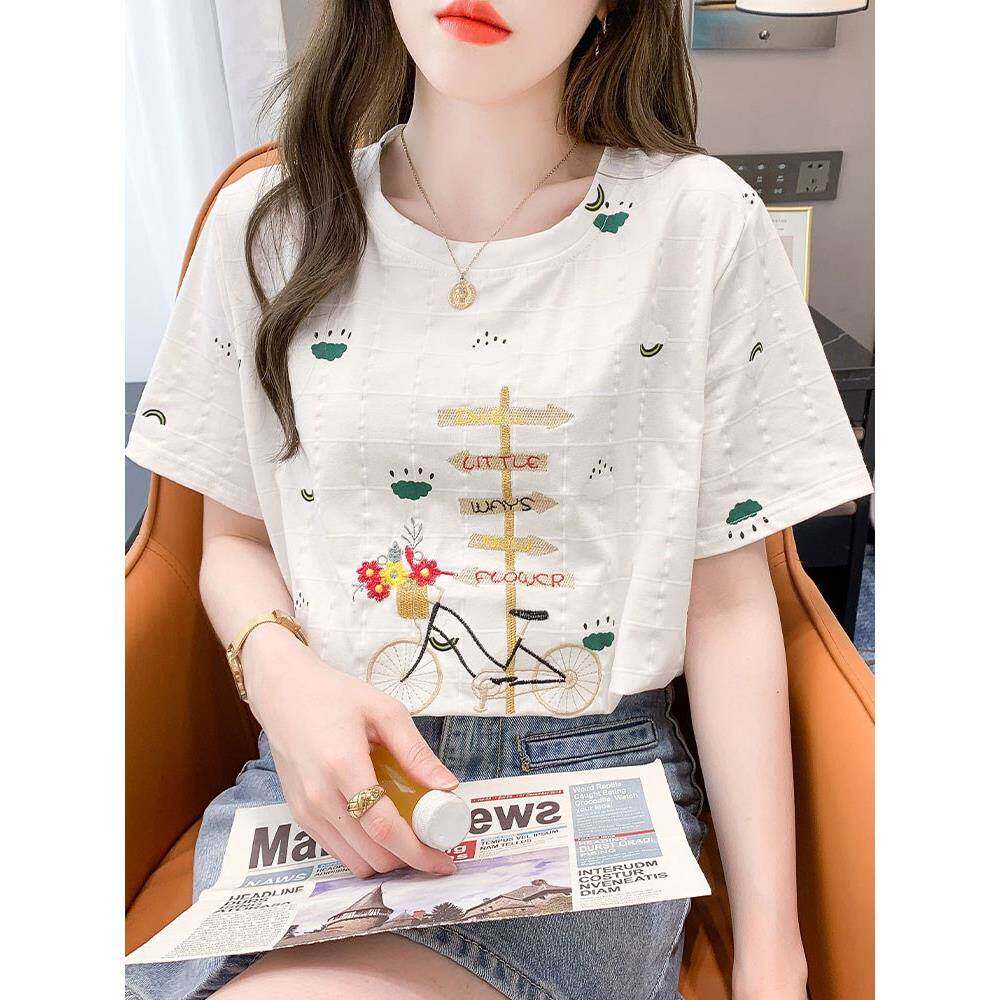 潮牌纯棉白色短袖t恤女新款潮夏季衣服宽松刺绣印花女士体恤上衣