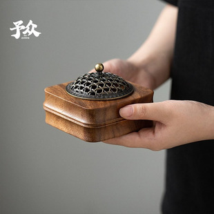 胡桃木禅意香炉家用室内黄铜香薰摆件日式 线香插底座创意盘檀香架