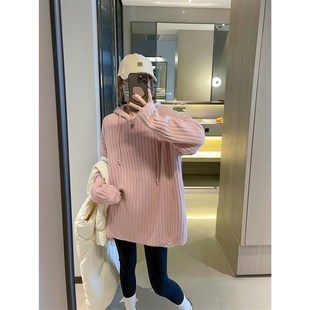 爱情魔鬼鱼 连帽坑条毛衣2024秋冬中长款慵懒R风加厚套头保暖上衣