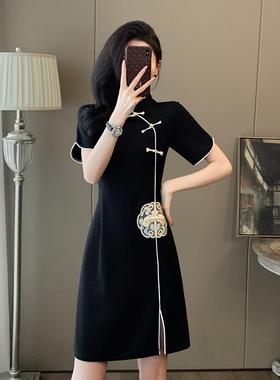 黑色级感风刺绣盘MDD002扣开叉裙女夏季高新中式小个子良旗袍连衣