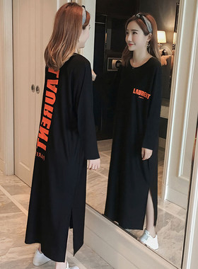 春秋韩版纯棉中袖长款q长裙过膝睡衣女学生宽松肥大码连衣睡裙外