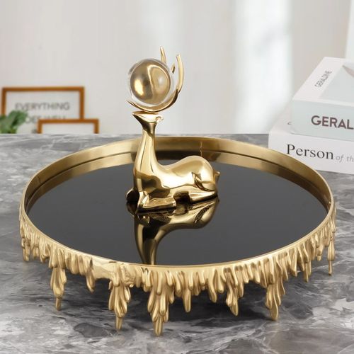 欧式黄铜托盘轻奢现代酒架收纳架样板间客厅茶几水果盘装饰品摆件