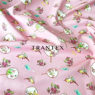 60支全棉府绸纯棉印花中国风旗袍唐装 面料布料扇子鸟