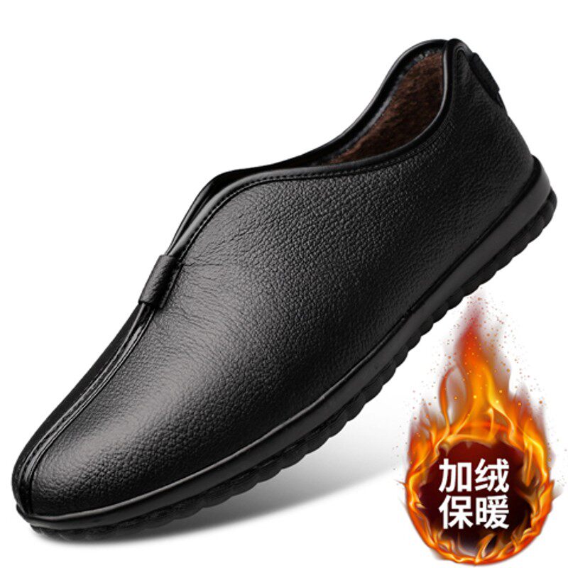 中老年秋冬父亲休闲皮鞋老头一脚蹬透气软底软面真皮僧鞋爸爸男鞋