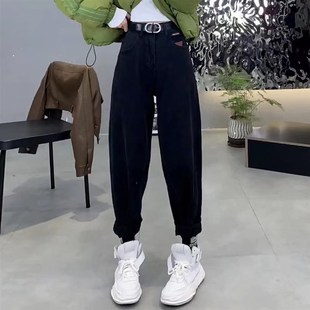 高腰显瘦哈伦裤 黑色宽松大码 新款 女2024年秋季 老爹微垮直筒牛仔裤