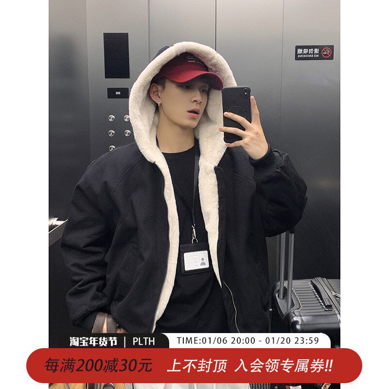 PLTH*美式复古毛绒仿皮草迷彩连帽外套冬季工装T加厚重磅水洗棉服