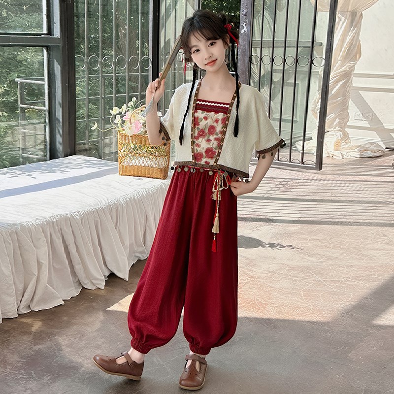 女童新中式汉服套装2025夏季新款儿童古风唐装中国风吊带灯笼裤子图片