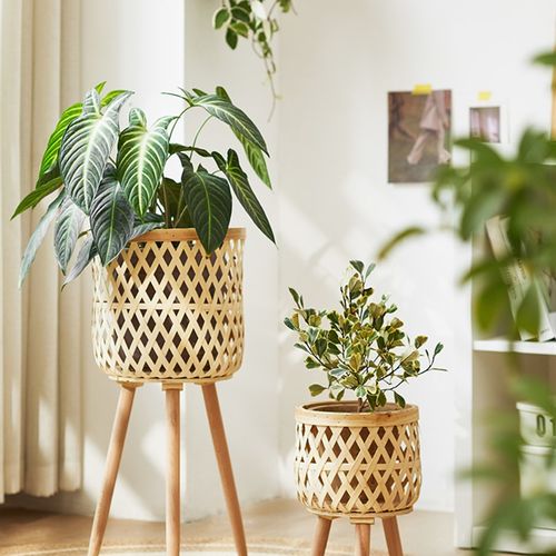 客厅简约落地式花盆架阳台可移动竹藤编花篮绿植置物架手工编织篮