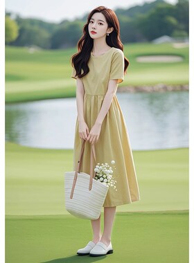 法式简单大方独特绝美小个子显高黄色收J腰棉麻连衣裙子夏季女长