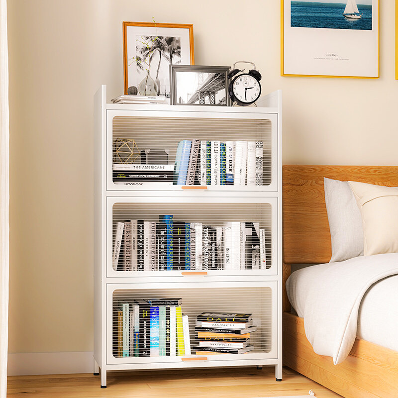 家用钢制书落多层带门柜防尘铁艺书架置架靠墙儿童收纳物地储物柜