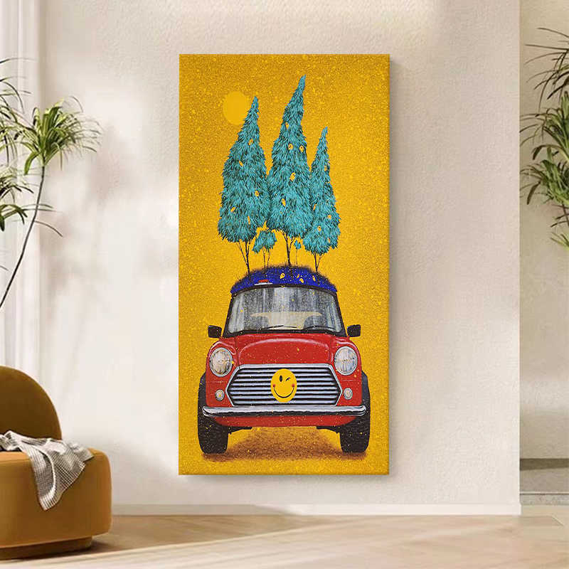 大芬村个性纯手绘油画竖版玄关装饰画大树汽车客厅黄色石英砂挂画图片