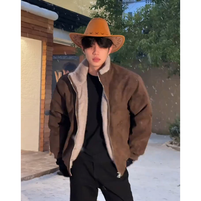 美拉德咖色立领PU皮棉衣外套男款