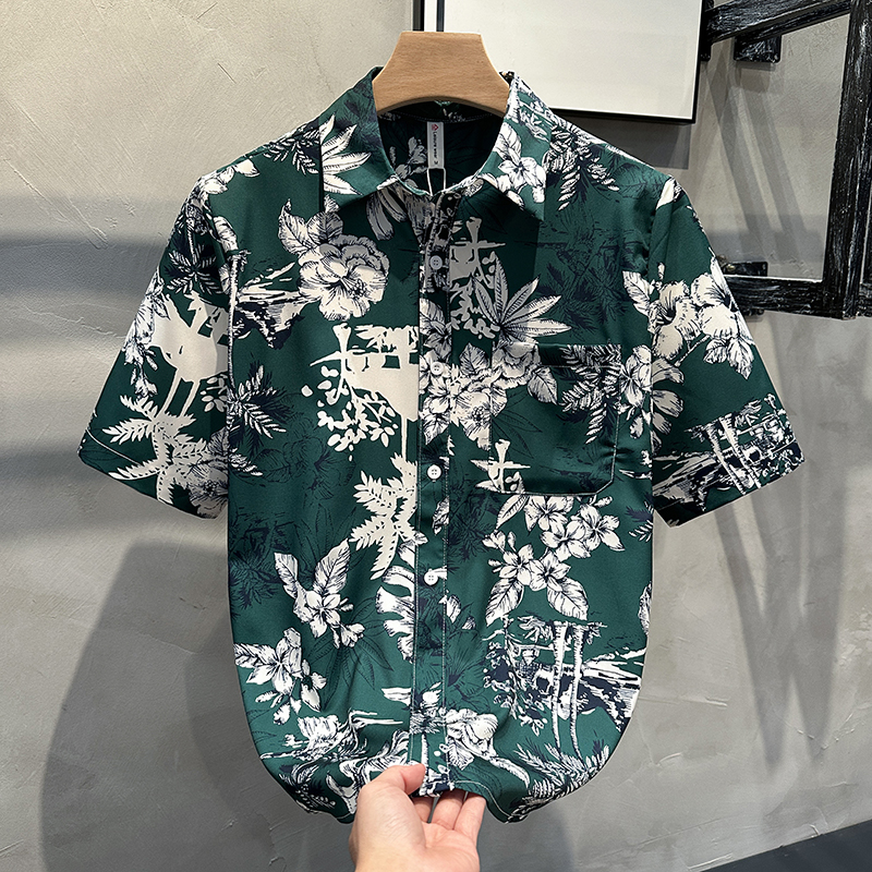 尖领短袖潮印花衬衫男