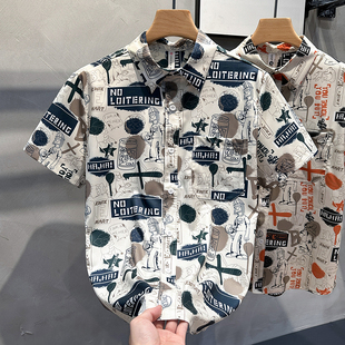 夏季2024新款印花衬衫男士短袖时尚休闲青年宽松沙滩冰丝凉感衬衣