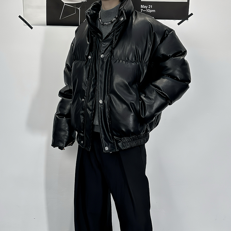 加厚高级感黑色皮衣棉服冬