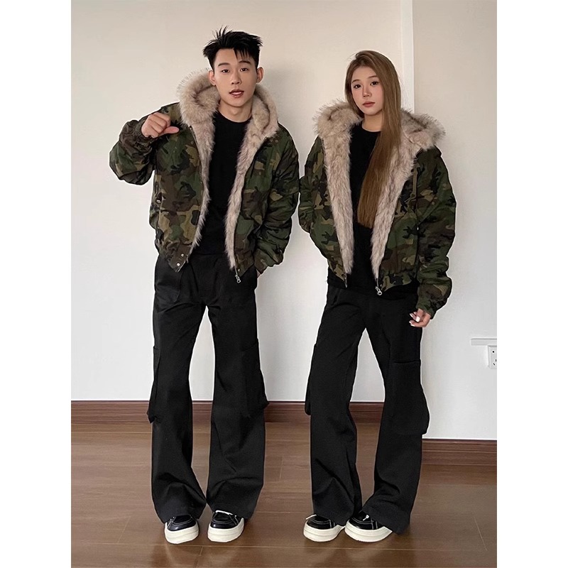 美式复古迷彩座山雕棉服男款冬季cleanfit大毛领连帽棉衣情侣外套