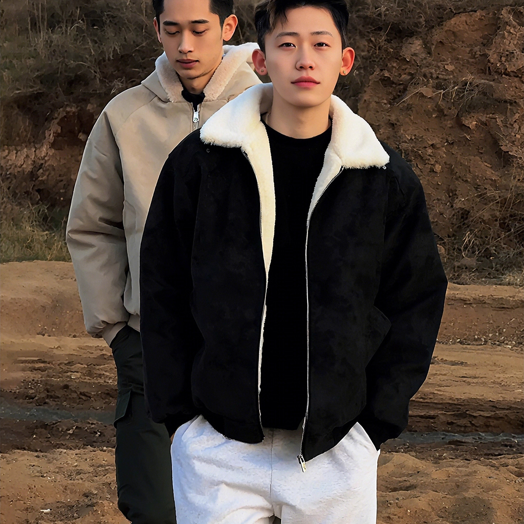 皮毛一体羊羔绒棉服外套男款冬季