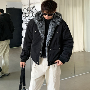 美式加厚毛领座山雕棉服情侣cleanfit高级感仿兔绒连帽外套棉衣潮