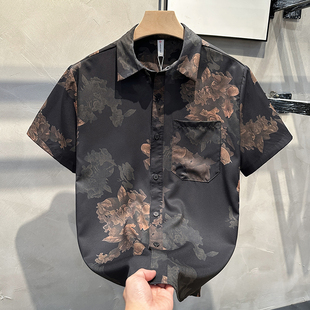 美式复合潮牌短袖男生花衬衫新中式宽松高级感痞帅风夏威夷衬衣男