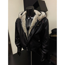 美式连帽座山雕皮衣外套男款冬季加绒加厚保暖仿狼王毛领夹克棉服