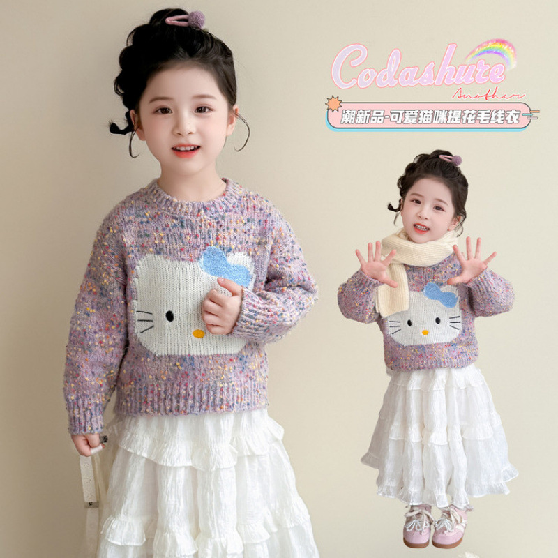女童卡通猫咪加厚套头毛衣2025