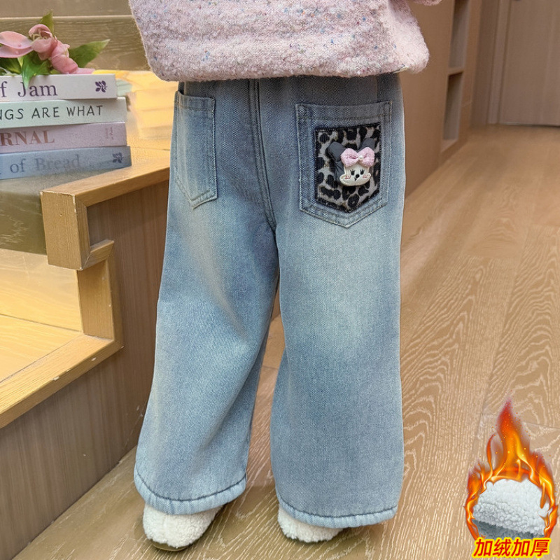 女小童洋气直筒秋冬款加绒牛仔裤