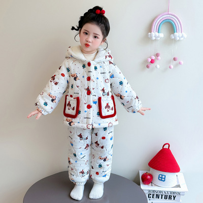 女童睡衣三层夹棉加厚儿童珊瑚绒