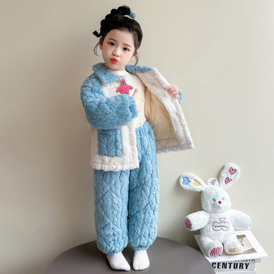 女童加厚珊瑚绒睡衣冬季儿童三层