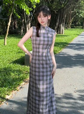 澜竹原创旗袍新中式港风复古温柔民国风改良立领显瘦温柔格子文艺